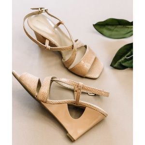 Antonio Melani Cutout Leather Beige & Gold Snakeskin Strappy Wedge Heels